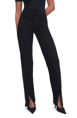 Good American Distressed Black Twisted Slit Raw Hem Denim Jeans Size 10 / 30